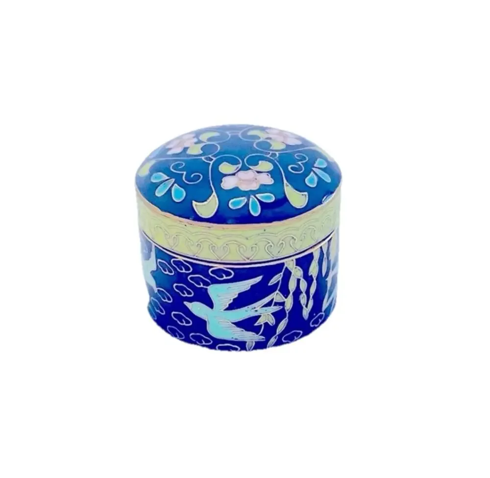 Vtg Mid-Century Cloisonné Floral Bird Trinket Pill Box Ring Holder Jewelry
